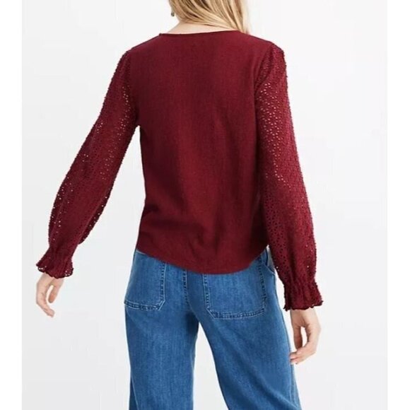 Madewell Top Womens Small Eyelet Sleeve Scoop Neck Dark Red Cotton Stretch Boho - Picture 5 of 9